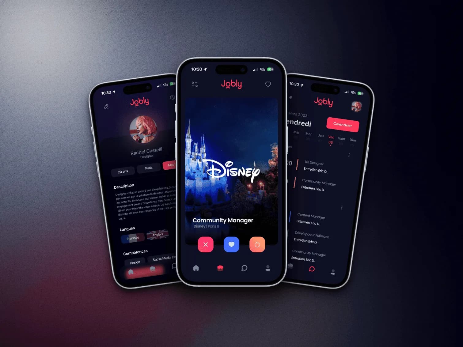 Trois iPhone affichant l’app Jobly