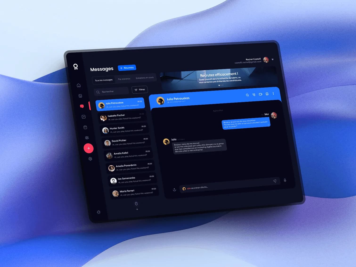 Tableau de bord recruteur de Jobly sur tablette