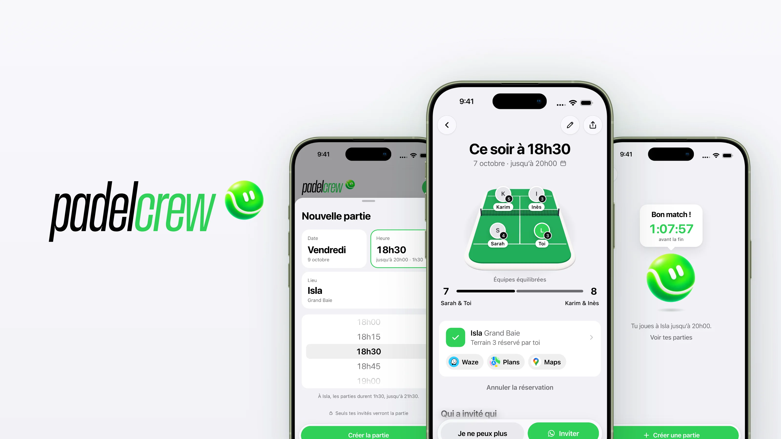 L’app Padelcrew sur trois iPhone : « Nouvelle partie », la partie réservée sur son terrain en 3D, et « Bon match ! » avec le temps qui reste
