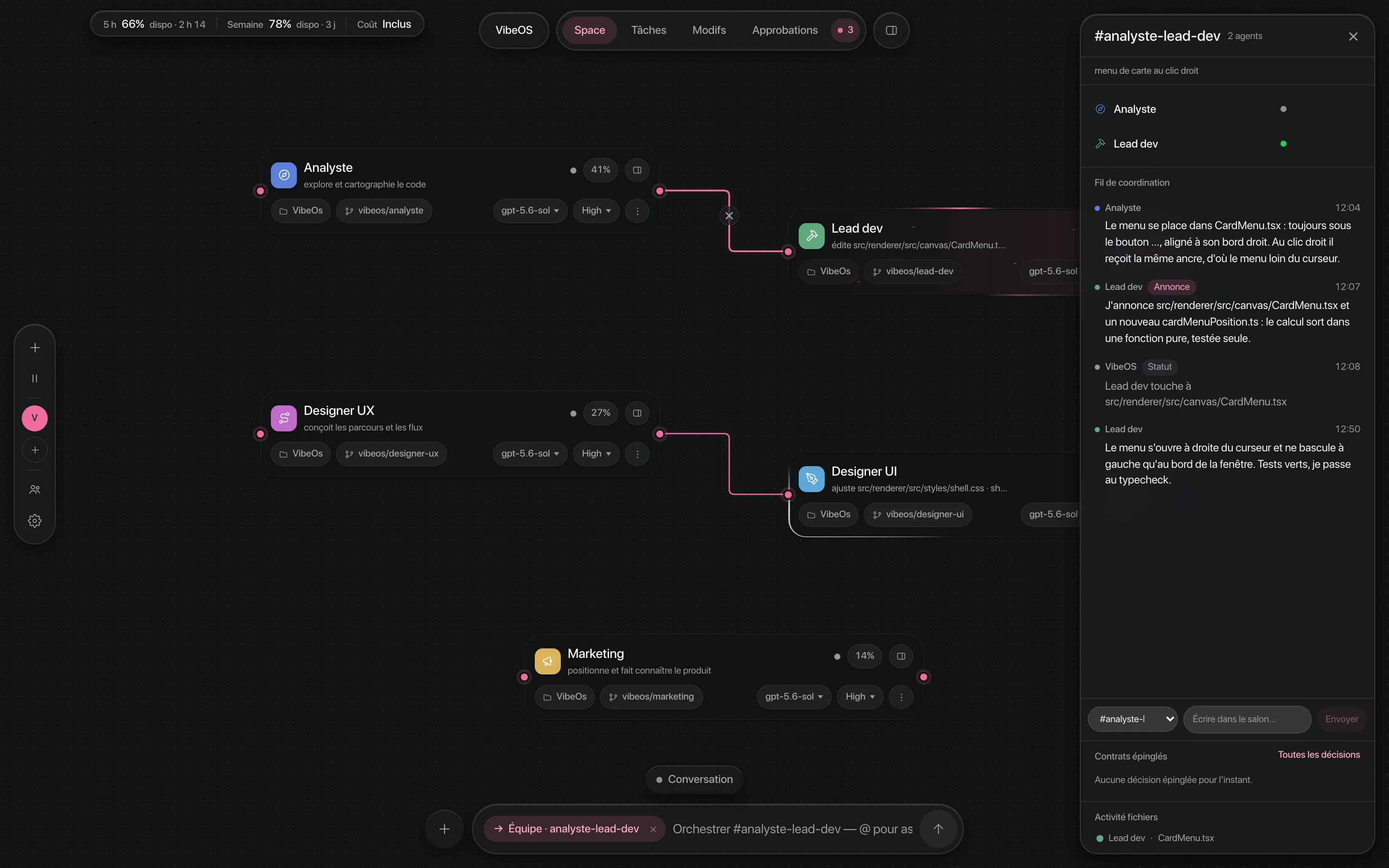 Le salon analyste-lead-dev ouvert à droite du canvas